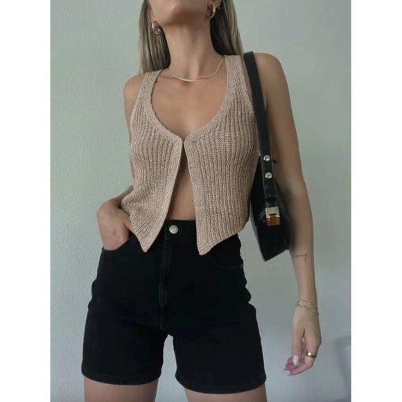 NWT Commense tan khaki cream knit sleeveless open front crop sweater vest - Picture 5 of 5